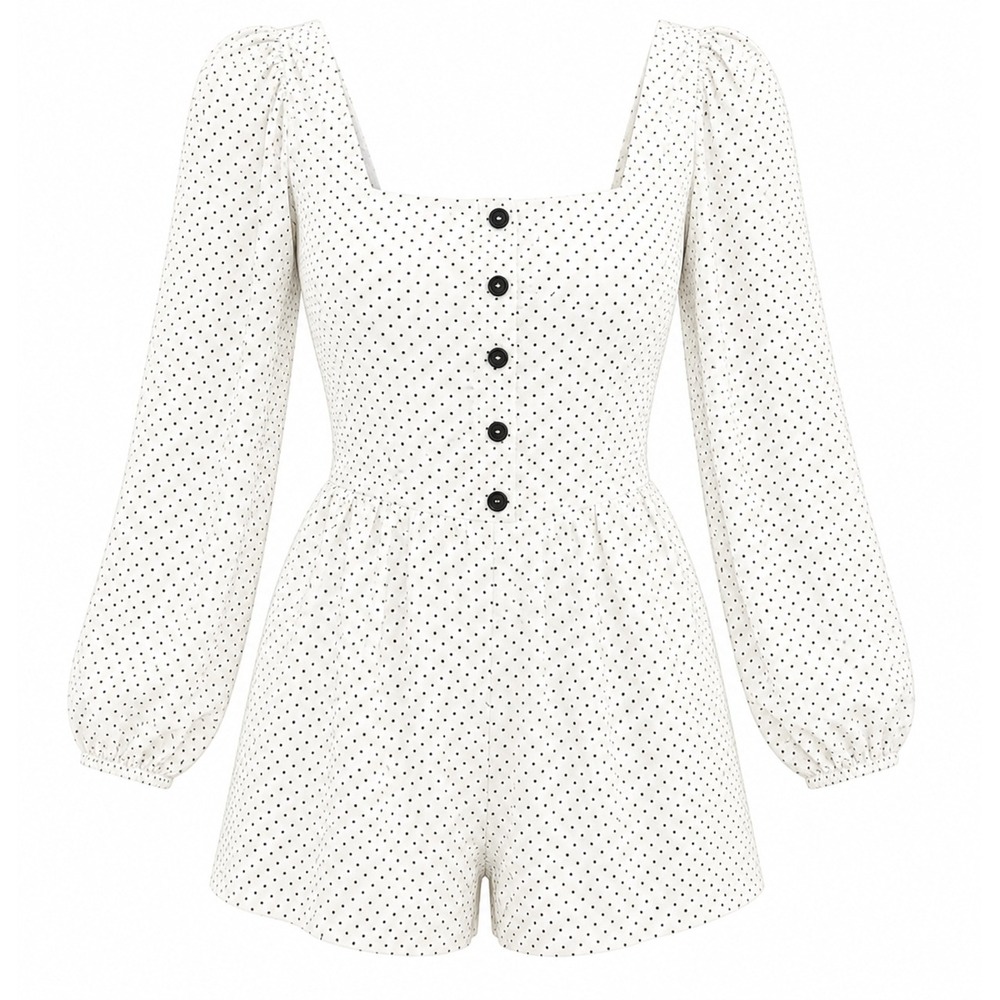 Storia Polka Dot Romper Size S White Black Square Neck Long Sleeve Smocked
